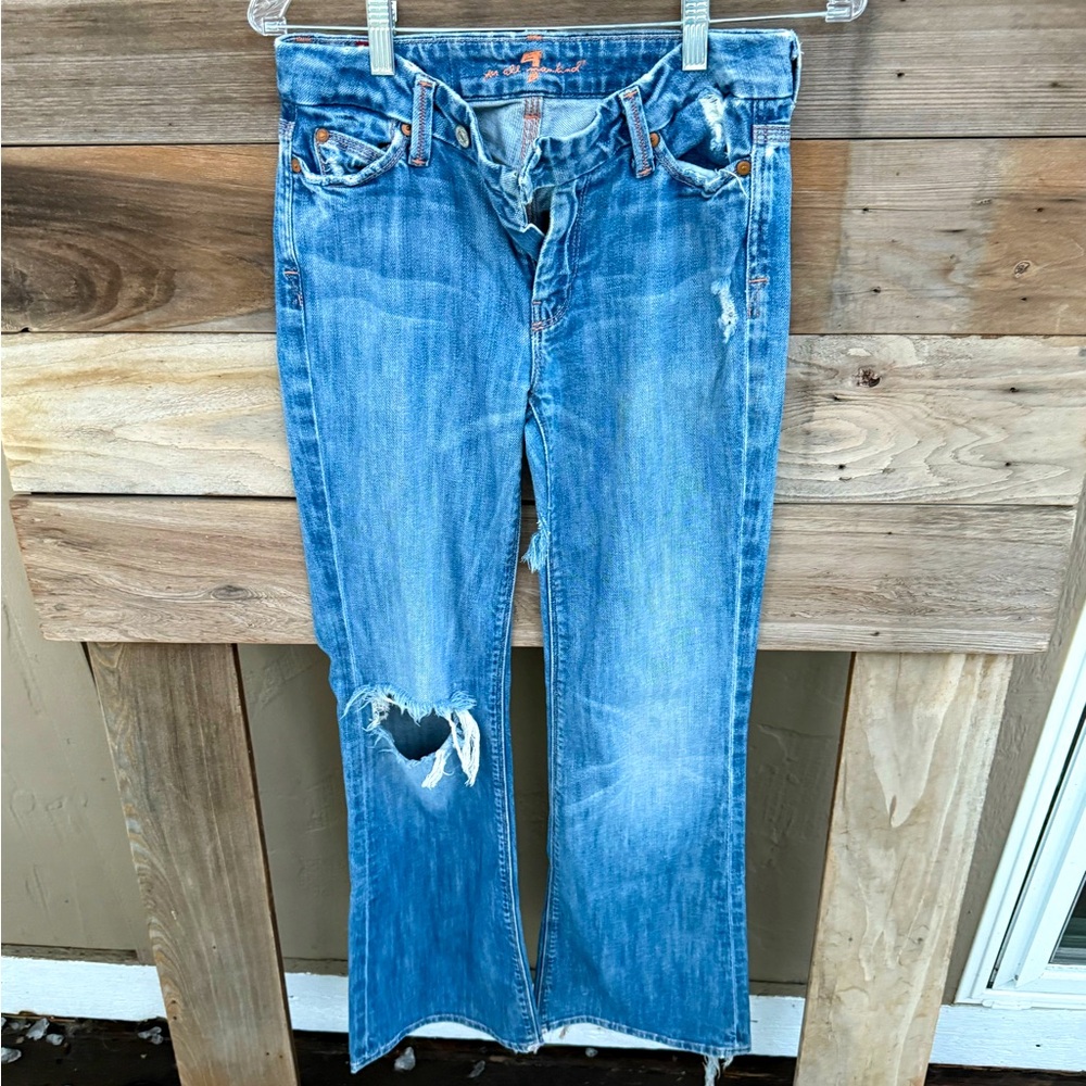 7 For All Man Kind Flare Jeans w/ Distressed Detail! Great vintage condition!!!!